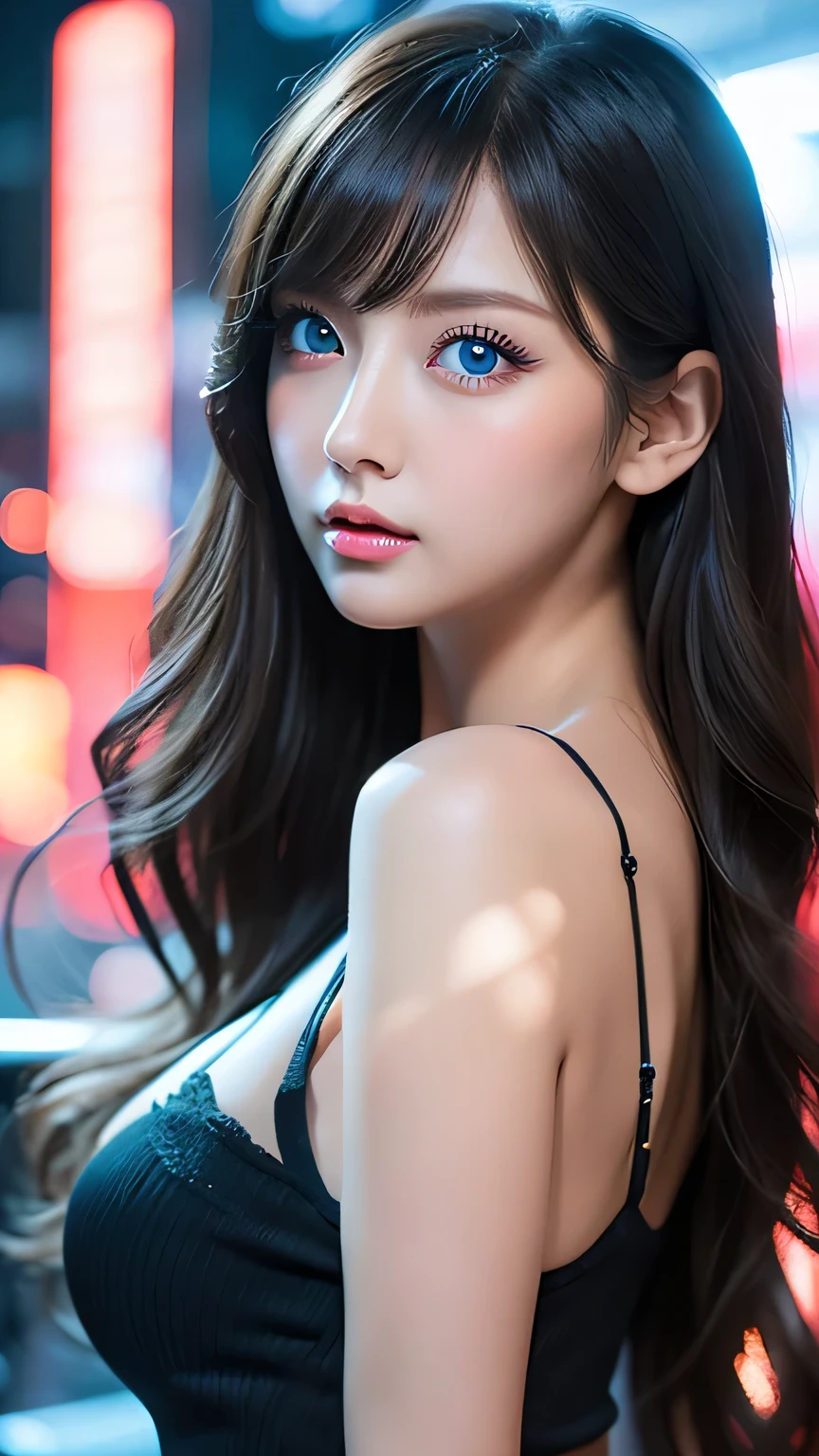 Unparalleled beauty, Shiny, firm, glowing skin, Bangs between the eyes, Beautiful luster, Super long wavy hair with bangs, Super long straight silky hair, eyeliner, sexlyで美しい無邪気なギャル, High resolution, Very bright and beautiful big glowing light blue eyes、Very big eyes、Beautiful and adorable, ((Huge ))、((erotic、sexly、超High resolution、The lighting is bright、Precise needles without discomfort))、