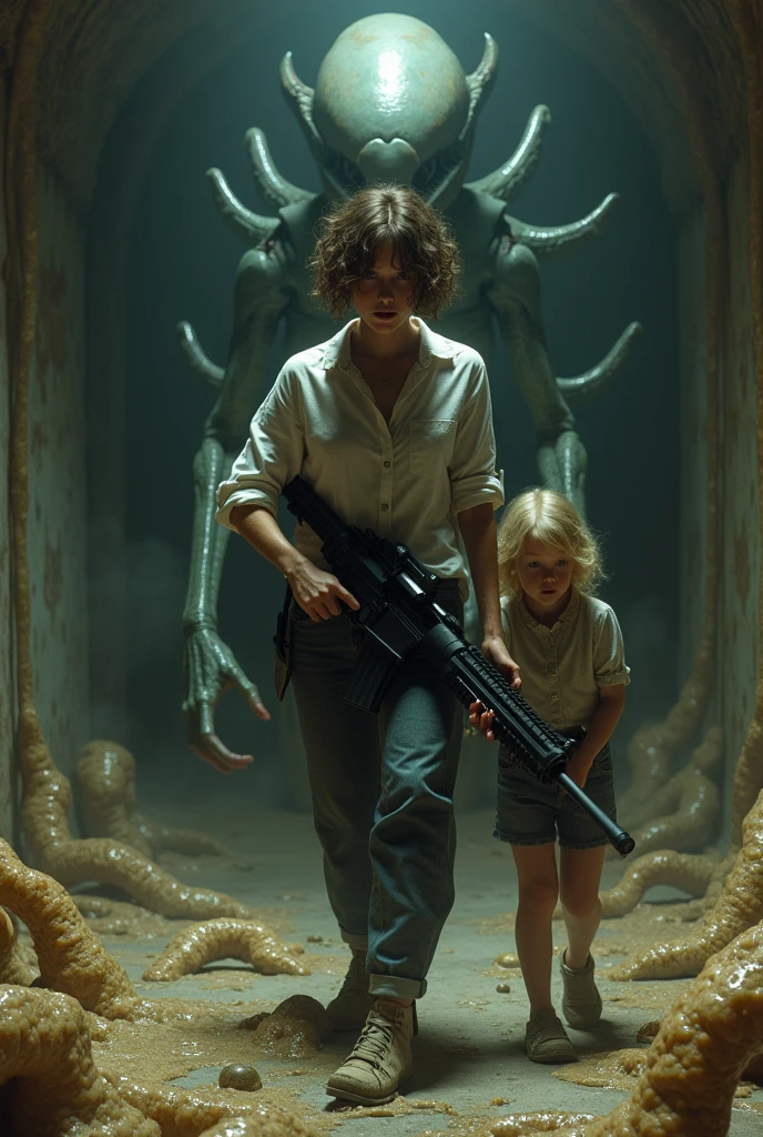 Generate a woman with short curly hair, in a white blouse, and she is with a little blonde girl in old clothes, the woman is holding a machine gun, and she is sweaty, and in a dark place with sticky eggs of beige goo stuck to the floor, they are slimy and veiny, and behind him there is a large skinny alien xenomorph, he is black in color and has sharp teeth