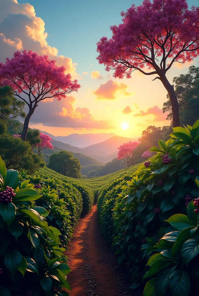 A coffee plantation loaded with coffees, with pink ipê trees around, with a very beautiful blue sky and a sunset in the background!