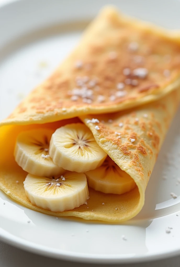 a crepe with banana inside the banana is cut into small cubes