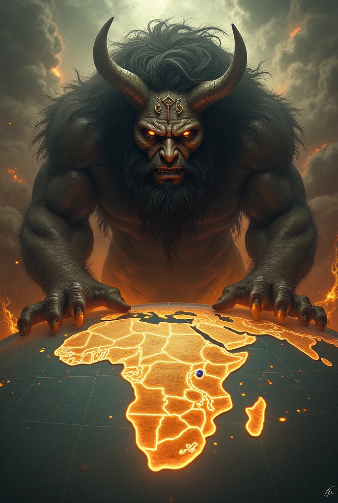 The image of angry god looking at the map of Africa