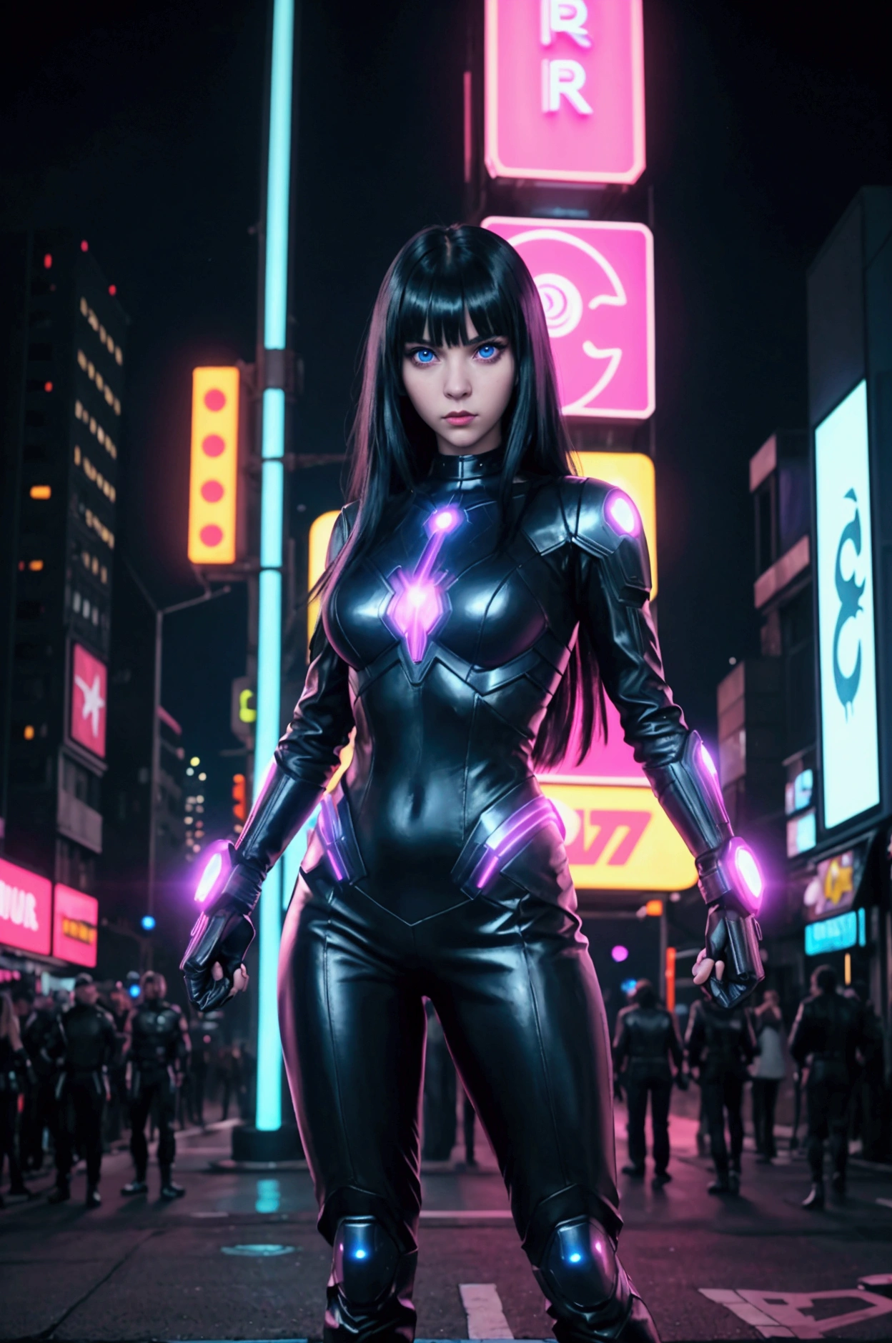 
(best quality, highres:1.2), ultra-detailed, (realistic:1.37) A sexy tron girl, vibrant holographic colors, with glowing lines tracing her curves. (futuristic, cyberpunk) vibe, light projections highlighting her sleek metallic suit, (electric blue) and (neon purple) illuminating her luminous figure. She confidently strikes (strong, fierce, powerful) fighting poses, showcasing her agility and strength. (bright, sharp) eyes pierce through the darkness, (sparkling, mesmerizing) with intensity and determination. Her (luscious, glossy) lips, radiating a (subtle, seductive) smile, hint at her playful yet fierce nature. The background is a (dystopian, futuristic) cityscape filled with towering skyscrapers, (reflecting off the wet streets, adorned with holographic billboards) casting an (eerie, vibrant) glow. Strategically positioned (light beams, spotlights), (accentuating, illuminating) her silhouette, draw attention to her captivating presence. The painting style is a mix of (digital illustration, digital painting), combining (photo-realistic) details with (stylized, sleek) elements. The entire scene bathes in a (cool, neon) color palette, with (bright, contrasting) hues adding depth and interest. The lighting is (dynamic, dramatic), casting (shadows, highlights) that bring depth and dimension to the tron girl and the surroundings.