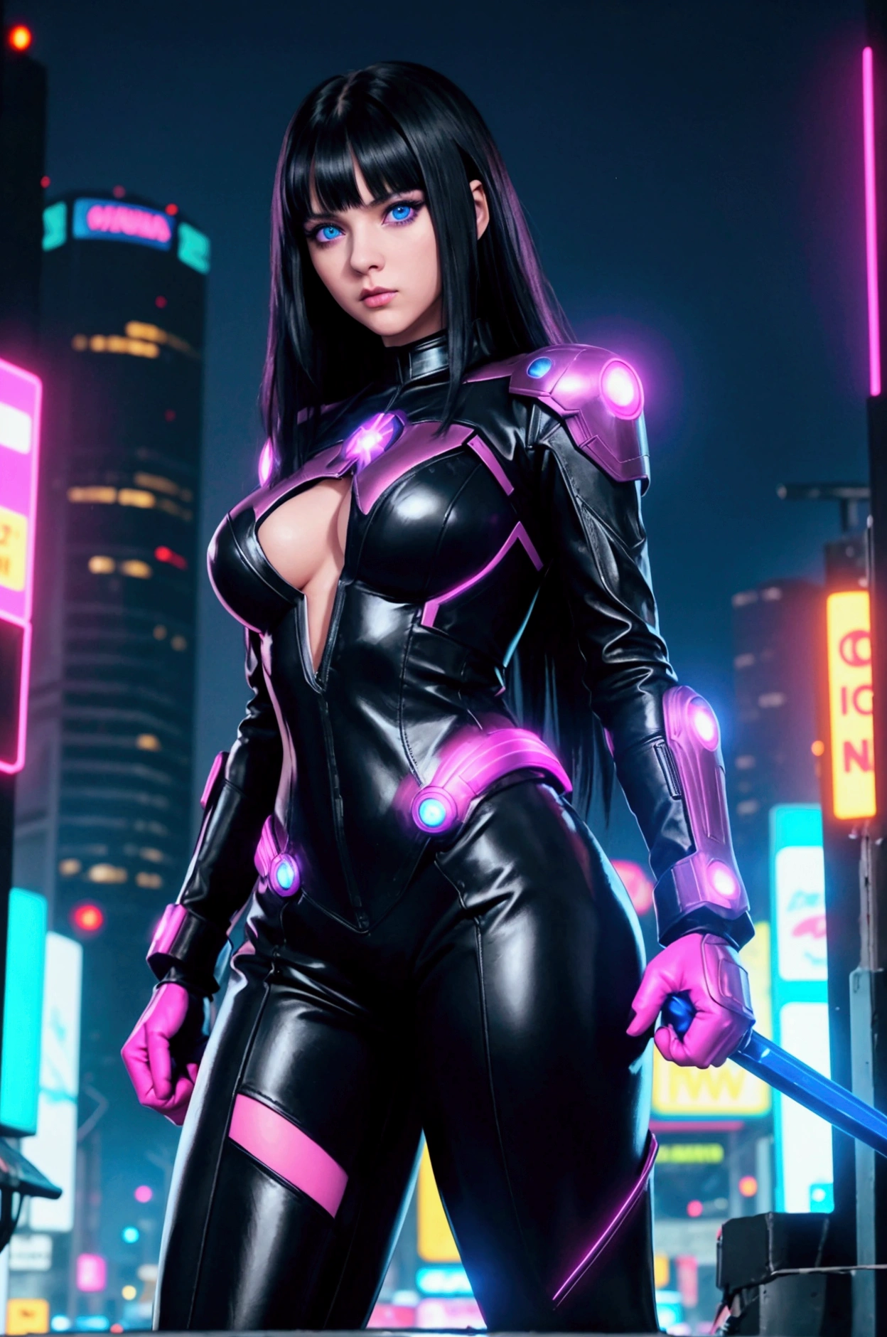 Realistic 4k full body portrait, slim 18s girl, long straight black hair, long bangs. The girl is an Avenger, she has a superheroine leather suit. She has weapons in both hands. Her face is cute and she has big blue eyes. The background is a very realistic night Cyberpunk city with lots of magenta and blue bright neon signs.