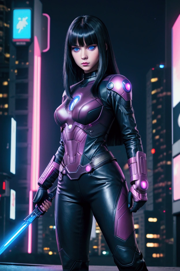 Realistic 4k full body portrait, slim 18s girl, long straight black hair, long bangs. The girl is an Avenger, she has a superheroine leather suit. She has weapons in both hands. Her face is cute and she has big blue eyes. The background is a very realistic night Cyberpunk city with lots of magenta and blue bright neon signs.