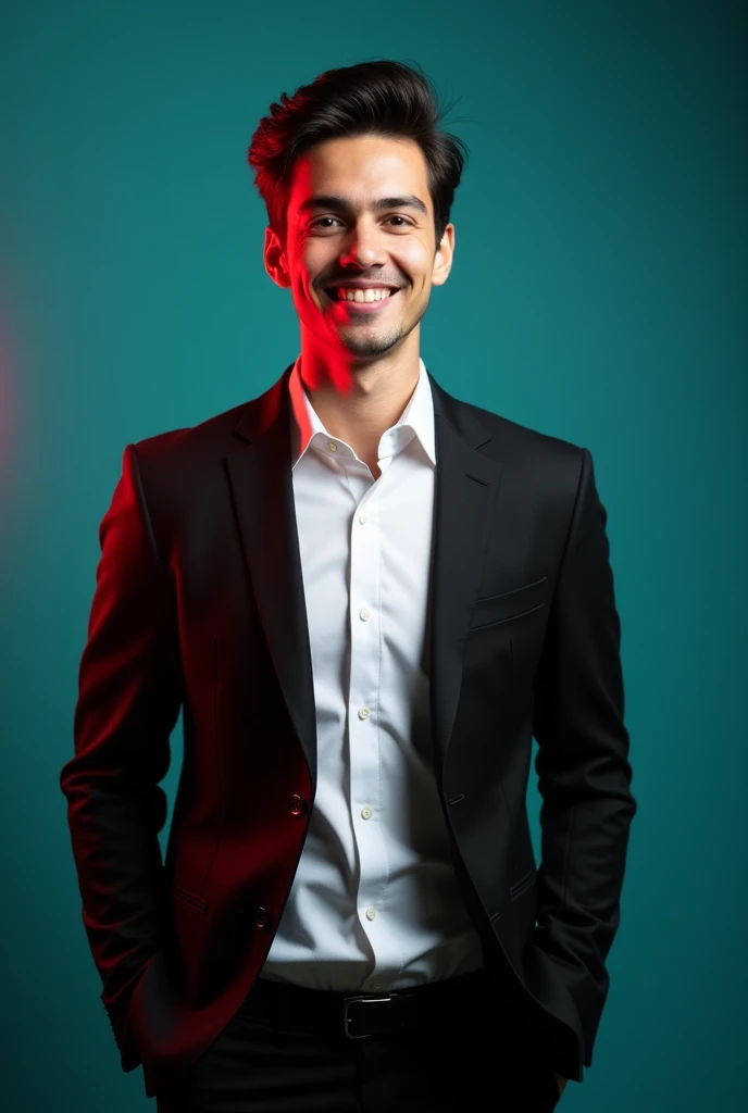 +
A young man with dark hair and a confident smile. He is dressed in a black blazer over a white shirt. The man is positioned against aqua colour backdrop with a subtle red lighting on the left side. and he posing for Linkedin profile