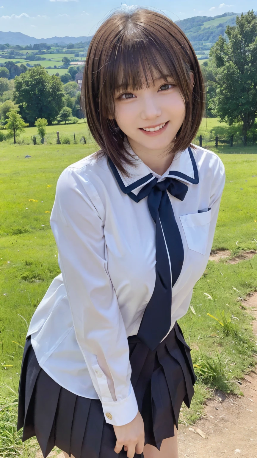 One person&#39;S, (beautiful girl, delicate:1.3), (:1.3),
break, (Lush countryside　background:1.2),
break, Embarrassed Laugh, Very beautiful eyes, (Symmetrical eyes:1.3),
break, (E cup breasts:1.3), School uniforms:1.3, Brown eyes, Parted bangs, Brown bob cut hair, Round face, cute,
break, (Eye and facial details:1.0),
break, (masterpiece, Highest quality, Very detailed, Detailed face, 8k)