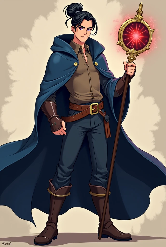Create a male wizard in the style of Vox Machina from Critical Role. He should have dark purple eyes and black hair styled in a coque (bun). He is dressed in a dark blue cloak and a brown shirt. His weapon is a luxurious but understated magic staff. Use bold outlines, flat colors, and simplified shading typical of Western animation. Ensure the staff has elegant but not overly ornate details, and the overall appearance should be dynamic and stylish, reflecting the heroic and refined look characteristic of Vox Machina