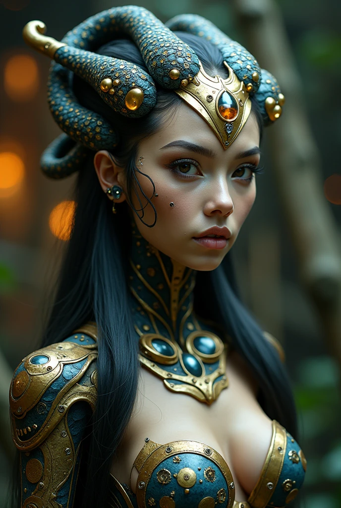 full body shot ((super pretty 20yo indonesia as an alien girl)), ((kintsugi ceramic face)), (joints and stitches on face),(pretty medusa snake hair), mini steampunk alien tiara, alien body made of ceramic and kintsugi, big tits transparent with mechanical inside in a alien hive full of organic matters meticulous eerie scary background dark theme glow in teh dark uhd canon eos r850 wide angle shot 24mm lens bokeh light particle effects by hr giger 64k