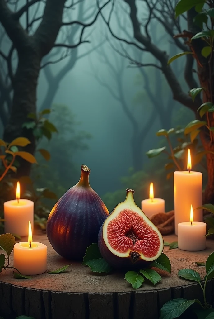 One Black fig and one half fig, on magick forest, seven witchcraft candles