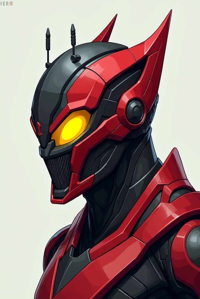 Generate a helmet design of a suit "heroi" that has bright yellow eyes, be made with titanium material, have a grill-shaped opening in the mouth to let the wind pass through, Pointed helmet top with mini communication antennas, and all this with the colors red, black and gray