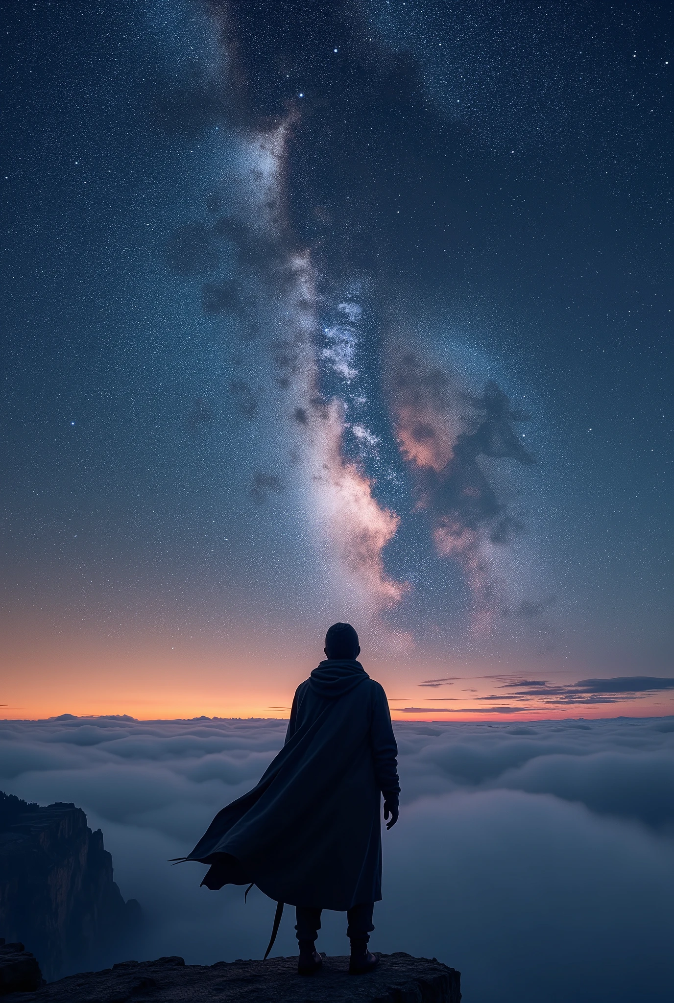 High Resolution Universe、Milky Way、On the Cliff、Traveler gazing at the night sky、Clothes fluttering in the wind、Sea of stars、Black silhouette from directly behind、Twilight Traveler,Outfit of a traveler from another world,Close-up of a person, realistc