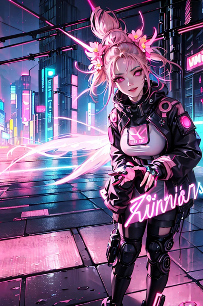 ((masterpiece)), masterpiece, 4K , wearing cyber style cap, light blue neon lined hat, one girl, side view, neon pink hair, puzzled expression, beautiful pink and purple pupils, wearing black hoodie with white t-shirt inside, hoodie is reflecting neon color of city Neon pink in various places as the hoodie reflects the neon color of the city, holding a drink with a black lid with a white display in the middle surrounded by neon pink, cyber city alley in the background, red like lanterns, light blue, yellow and pink on the sign, very vivid background with beautiful neon lights that add color to the dark buildings of the city. Very vivid background like