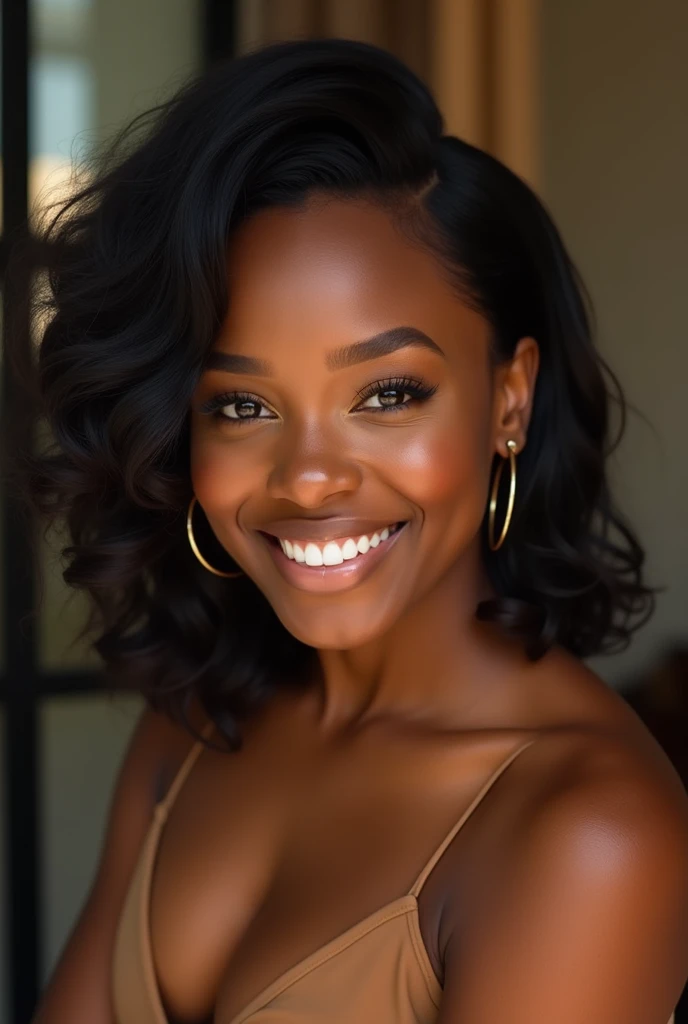 {
  "size": "1024x1024",
  "prompt": "A beautiful Black female influencer looking directly at the camera with confidence and elegance. She has a radiant smile and her expression is warm and inviting. The background is stylish and modern, with soft lighting that highlights her rich skin tone and enhances her natural beauty."
}