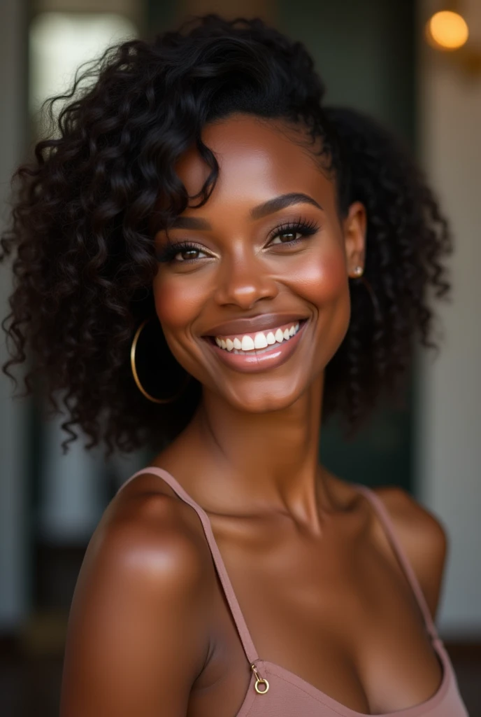 {
  "size": "1024x1024",
  "prompt": "A beautiful Black female influencer looking directly at the camera with confidence and elegance. She has a radiant smile and her expression is warm and inviting. The background is stylish and modern, with soft lighting that highlights her rich skin tone and enhances her natural beauty."
}