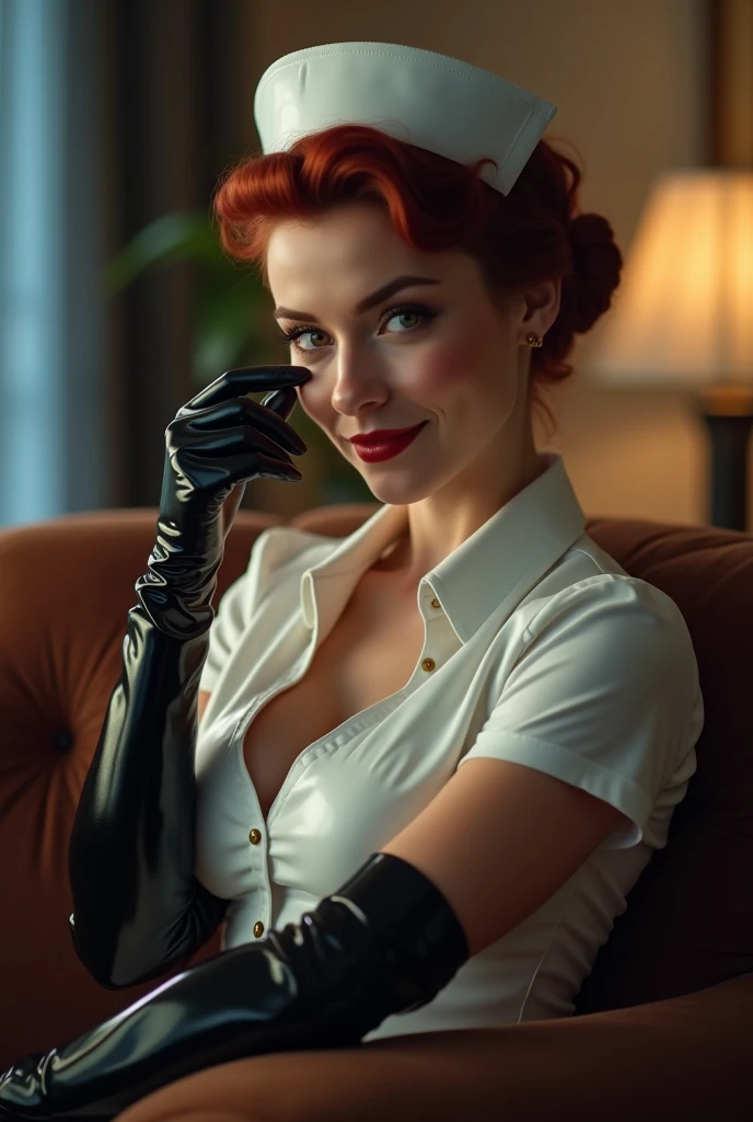 Intimate photo. A 36 year-old attractive Iowa woman. girl next door. kind face. 40E size breasts. . neck length dark red layered hair pulled up into bun. brown eyes. 1950s style glamour makeup. full red lips. in a modern ranch house in Des Moines. winter night. Wearing tight fitted white glossy PVC trad nurse uniform with short sleeves with cuffs. chest pockets. ((cleavage)). white pvc nursing cap with one stripe. (wearing very long tight black shiny latex gloves). black silk pantyhose. (black thigh high pvc boots with side zippers). sitting in MCM dark brown loveseat. dim lighting. key light on sparkling eyes. eye contact. amused smile. offering her hand for viewer to kiss