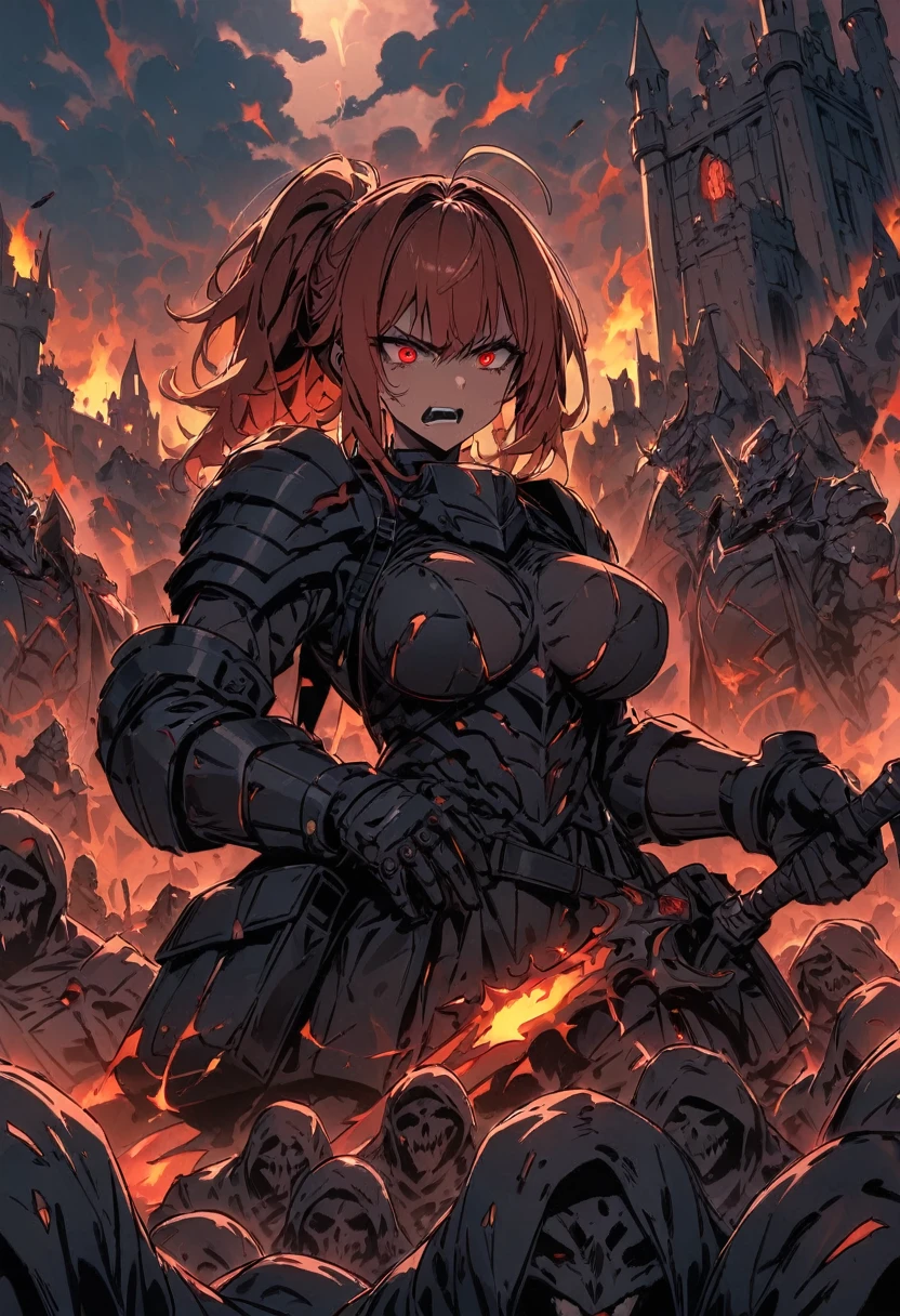 on a battlefield invading a castle, with fire around and a dragon in the sky, surrounded by knights, Girl,((bag they suffer)), He carries a large sword in both hands, Muscle, Black armor, ponytail, short hair, using a metal tie,Red eyes, big breasts,angry,