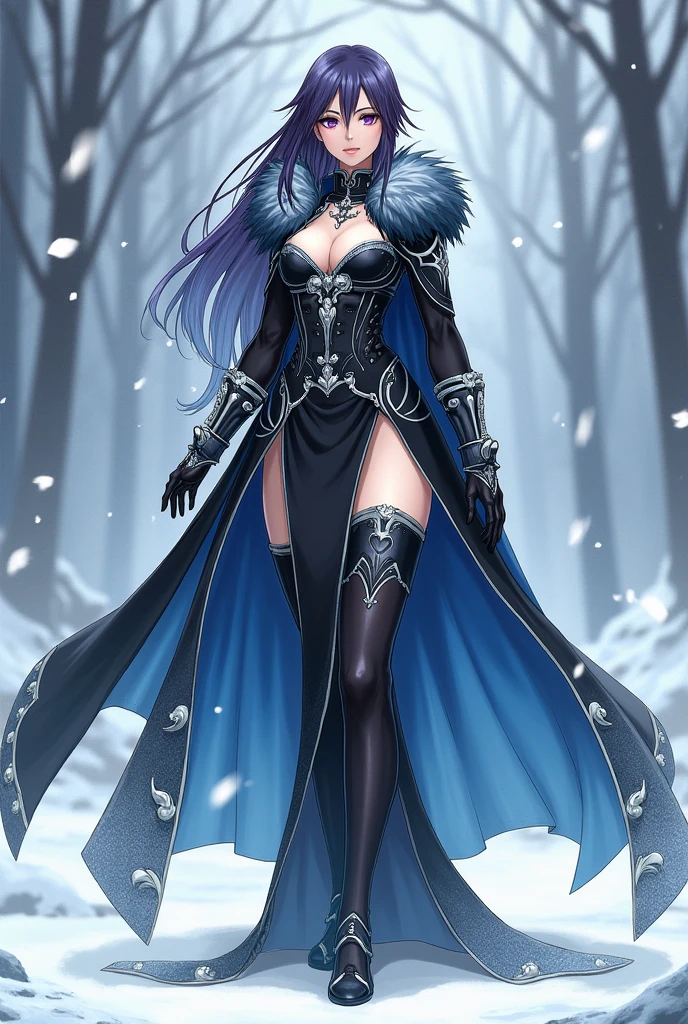 A girl who wearing a high-collared, fitted bodice with intricate silver embroidery or icy patterns. The top could be a mix of leather and fabric, providing both style and practicality. A long, flowing skirt with thigh-high slits for ease of movement. The fabric could have a subtle shimmer or frost-like pattern. A dramatic, long cape or coat with a fur-lined collar and silver clasps. The cape could have a gradient effect, transitioning from dark to ice blue. Genshin artstyle