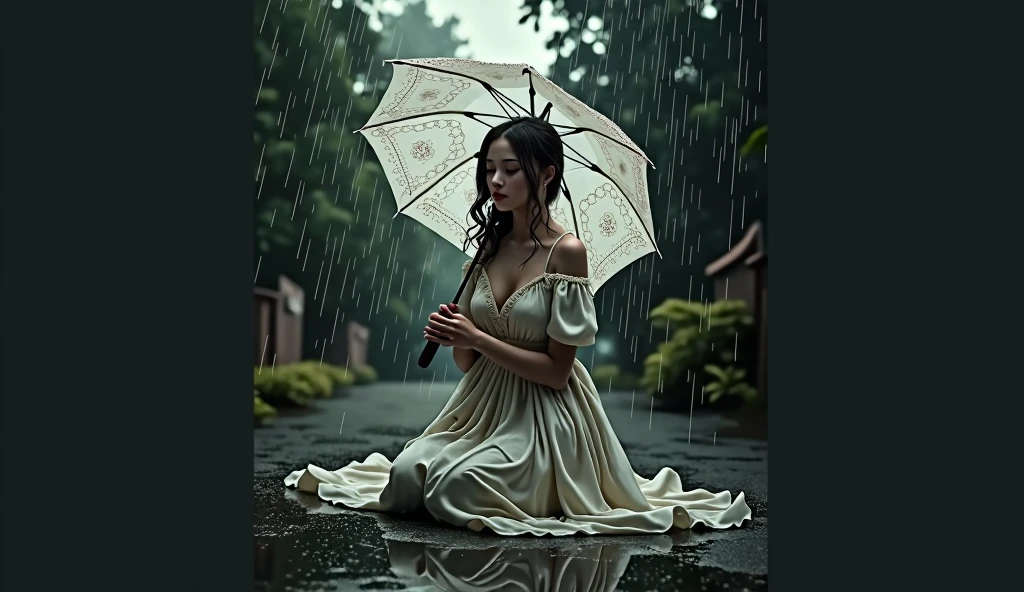arafed girl in a white dress sitting on the ground with an umbrella, rainy wet, wet from rain, rainy outside, dripping wet, under rain, in the rain, just after rain, raining outside, sexy girl, rainy day outside, beautiful maiden, beautiful goddess, pretty girl standing in the rain, misty and wet, gorgeous woman, misty and raining