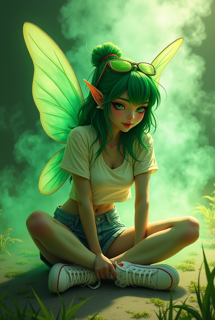 a modern fairy sitting on the floor, green smoke comes out of her, she is wearing jean shorts, white sneakers, a half-shoulder t-shirt, green wings come out of her back, she is sitting on her side. tinkerbell, cannabis princess, personification of marijuana, green smoke, acid pixie, acid pixie acid pixie, vibrant cartoon, weed background, fantasy pop art, pixie dust pixie, cartoon digital painting, smoke around you , green magic, some green, green skin, grass, amazing art, beautiful character painting, amazing artwork, perfect artwork