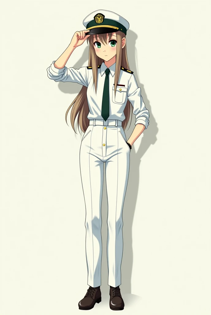 anime-like, perfect quality, good anatomy, woman, medium height, slim, fair skin, long light-brown hair, without cosmetics, deep dark green eyes, serious gaze, white captain hat, white uniform, long-sleeved white shirt, white pants, deep dark green shoes, deep dark green tie