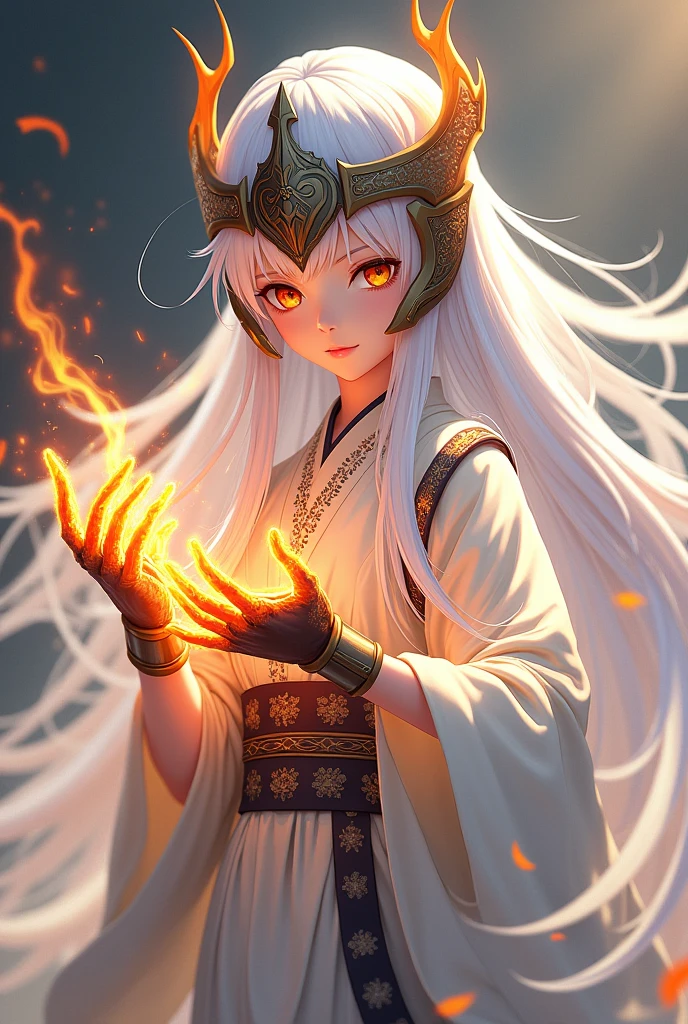 Anime young Long white hair knight helmet with kimono and fire electric gloves