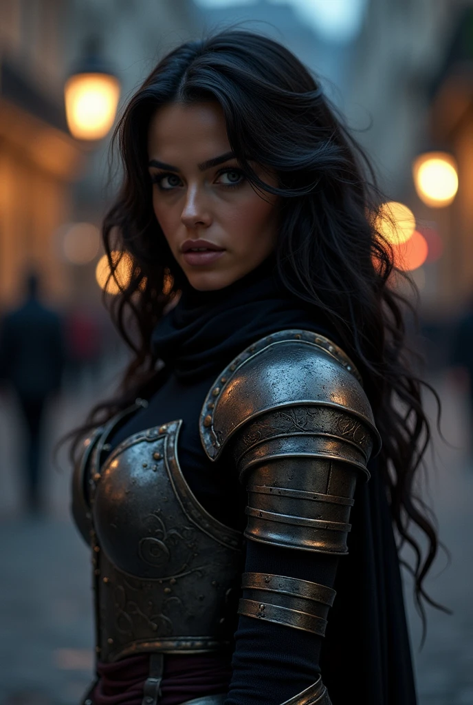 detail, women, Dark skin, gray eyes, middle Ages, Goddess, Musa, sexy, armor, curvy, manuelsart style illustration, tattooed, Front portrait, he would be, strong look, night cinematic lighting, Medieval streets in Paris at night, black color, Dark,