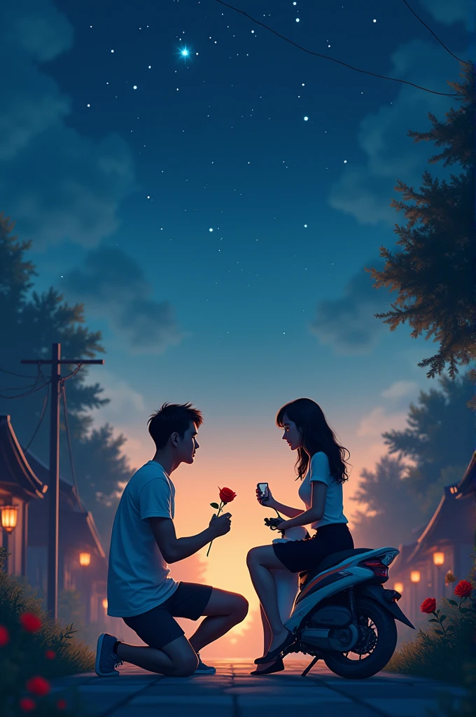 A boy, proposing a girl with knee down ,red rose , the girl is sitting in a hero company scooty, mention the boy name is DEV which is written in his tshirt. Scenary , midnight sky , far japanese village is seeing, 