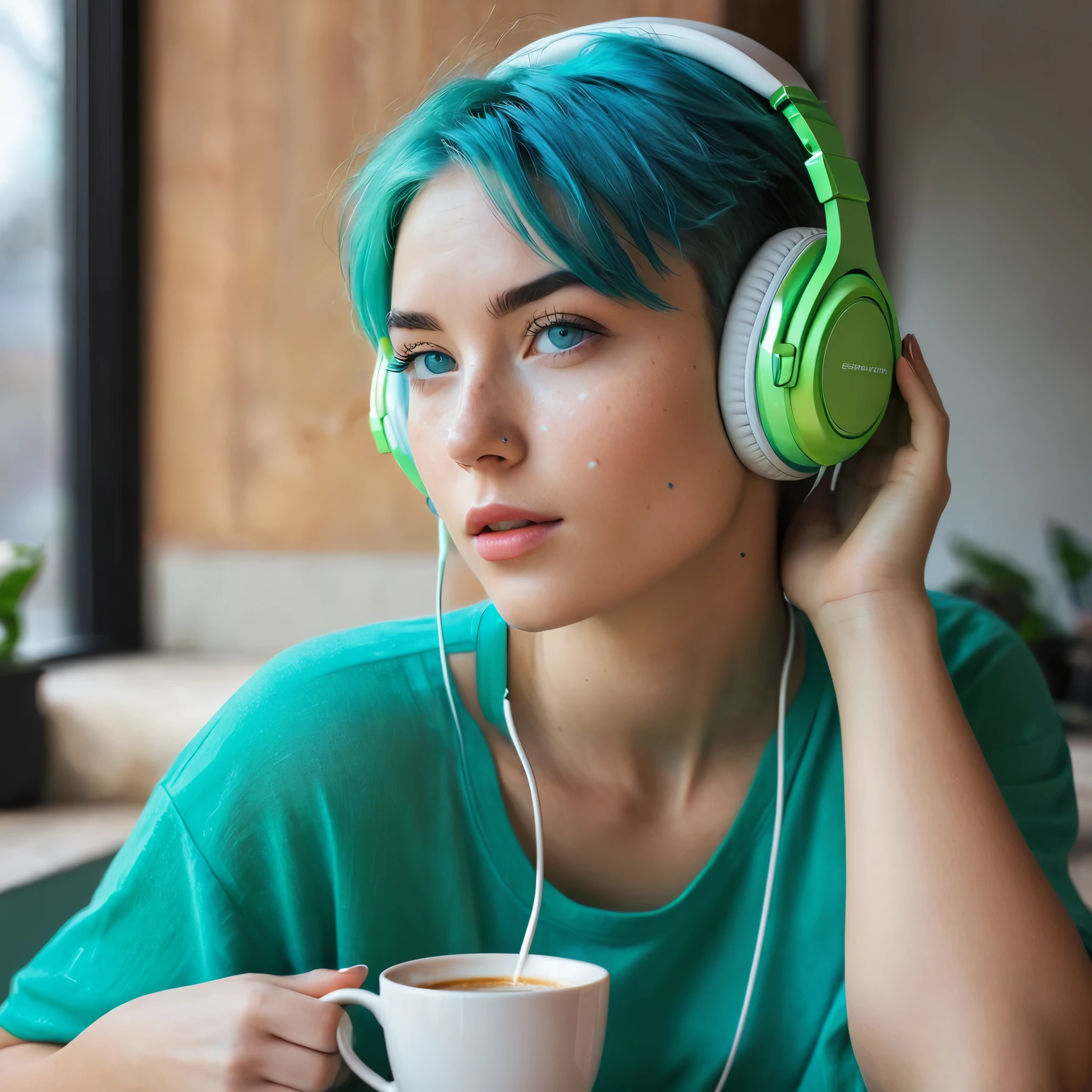 Woman 20 Years Old Nordic Ethnicity, short blue hair with a perfect face and light freckles, Blue-Green Eyes, a instagram profile picture, half body, shown in profile, (((drinking coffee))), (((wearing headphones))) ((Color palette - turquoise, neon green, yellow shades)), ((playful and dreamy facial expression)), ((snapshot))
