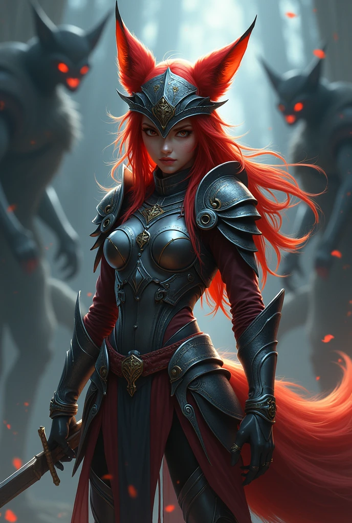 Fox girl beautiful warrior red ears fox tail helmet night demon