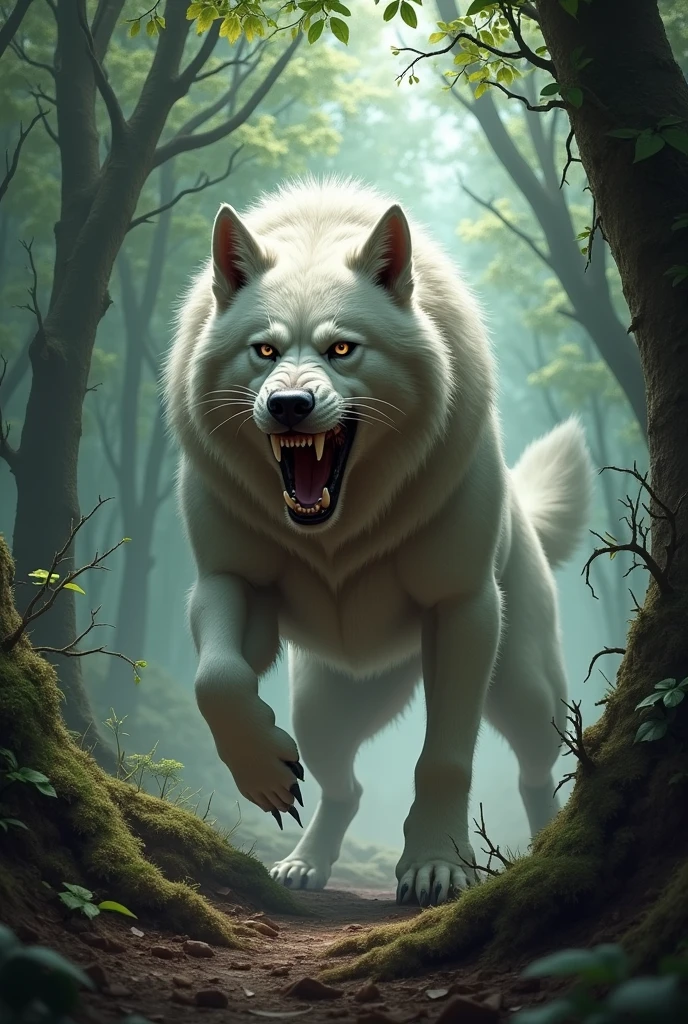White dog aggressive in forest