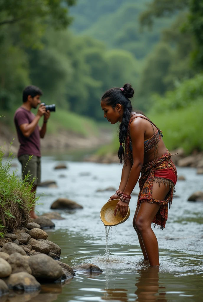 ഒരു ആദിവാസി യുവതി 23 വയസ്മലയാളി പുഴയിൽ നിന്ന് വെള്ളം എടുക്കുന്നു ദൂരെ നിന്ന് ഒരു യുവാവ് ക്യാമറയിൽ അത് ഫോട്ടോ എടുക്കുന്നു വയസ് 32