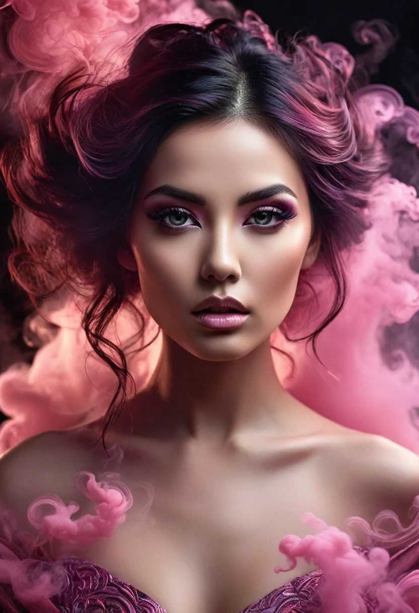 A majestic work of art, a woman, intricately detailed, with an intense, piercing gaze emanating from her singular, striking eye, set against a backdrop of ethereal, swirling pink smoke that appears to shift and undulate as if alive, illuminated by a cinematic lighting scheme that casts dramatic, high-contrast shadows and highlights, evoking a sense of mystery and the otherworldly, with each element expertly rendered in exquisite, high-definition detail, exuding a sense of artistic mastery and visual sophistication.
