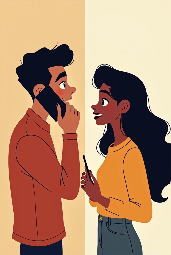 Create an animated image, which on one side has a man talking in love on the phone, looking to the left, and on the other side a girl with dark skin, with loose hair, and a friendly smile also talking on the phone, looking away. side