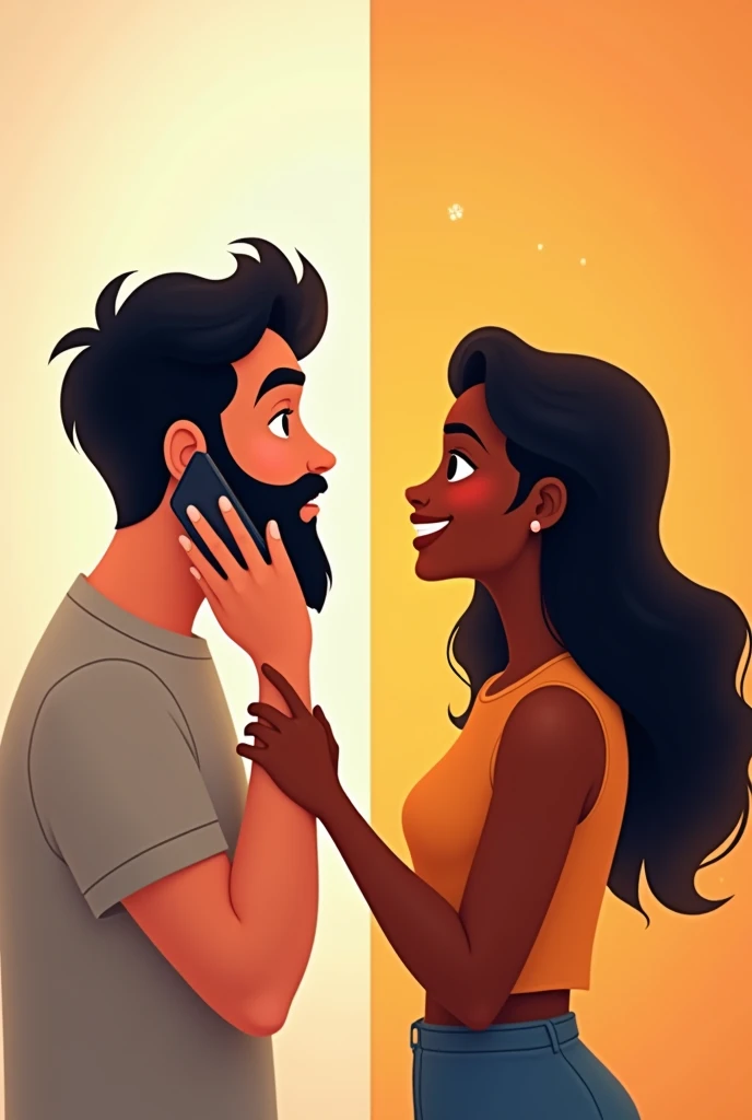 Create an animated image, which on one side has a man talking in love on the phone, looking to the left, and on the other side a girl with dark skin, with loose hair, and a friendly smile also talking on the phone, looking away. side