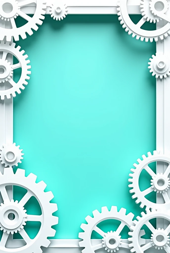 In the style of paper cut out and the white and turquoise color   
This photo is about a white frame which is decorated with gears 

The image is 12 x 9
