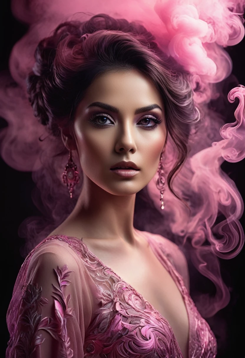A majestic work of art, a woman, intricately detailed, with an intense, piercing gaze emanating from her singular, striking eye, set against a backdrop of ethereal, swirling pink smoke that appears to shift and undulate as if alive, illuminated by a cinematic lighting scheme that casts dramatic, high-contrast shadows and highlights, evoking a sense of mystery and the otherworldly, with each element expertly rendered in exquisite, high-definition detail, exuding a sense of artistic mastery and visual sophistication.