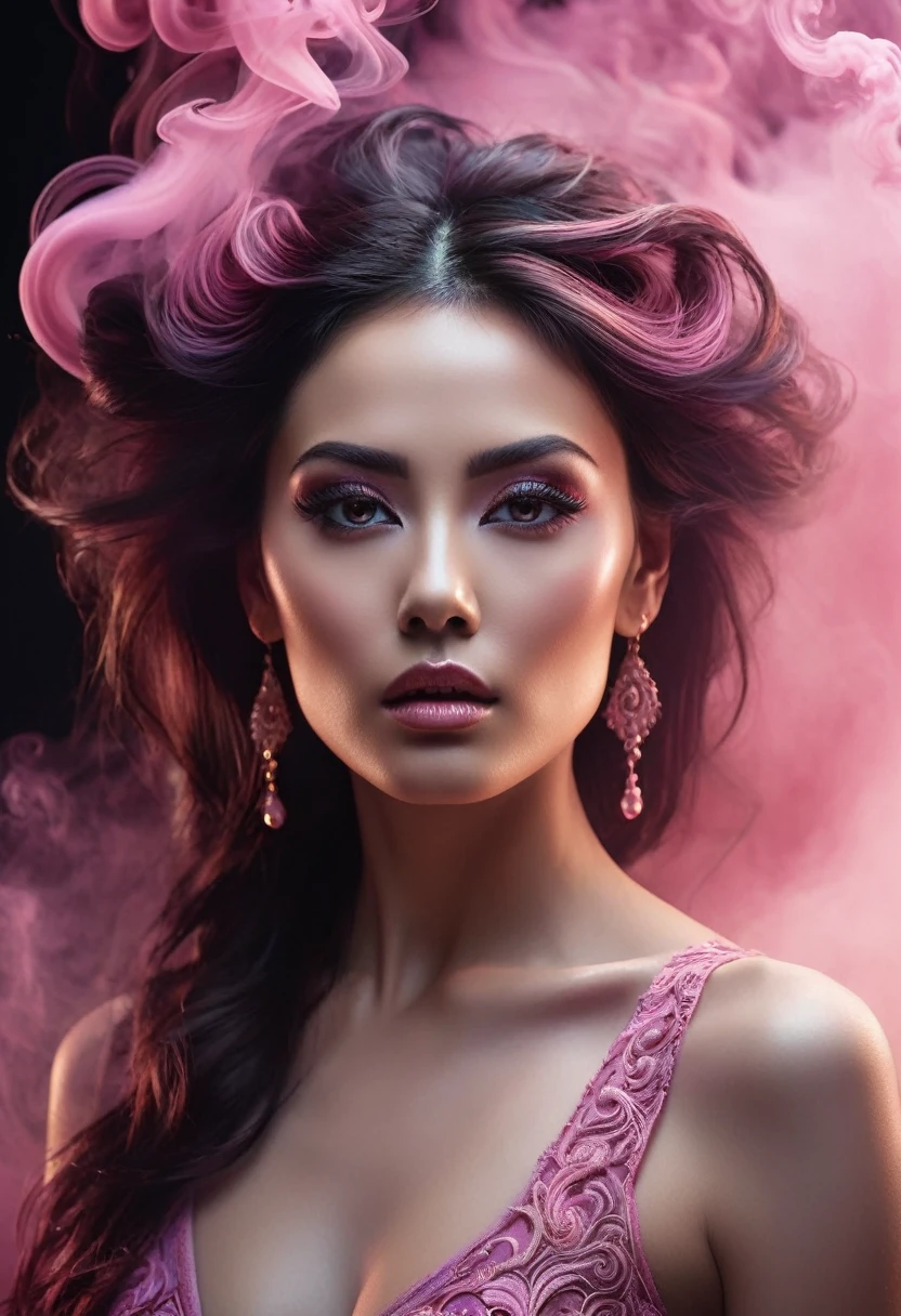 A majestic work of art, a woman, intricately detailed, with an intense, piercing gaze emanating from her singular, striking eye, set against a backdrop of ethereal, swirling pink smoke that appears to shift and undulate as if alive, illuminated by a cinematic lighting scheme that casts dramatic, high-contrast shadows and highlights, evoking a sense of mystery and the otherworldly, with each element expertly rendered in exquisite, high-definition detail, exuding a sense of artistic mastery and visual sophistication.