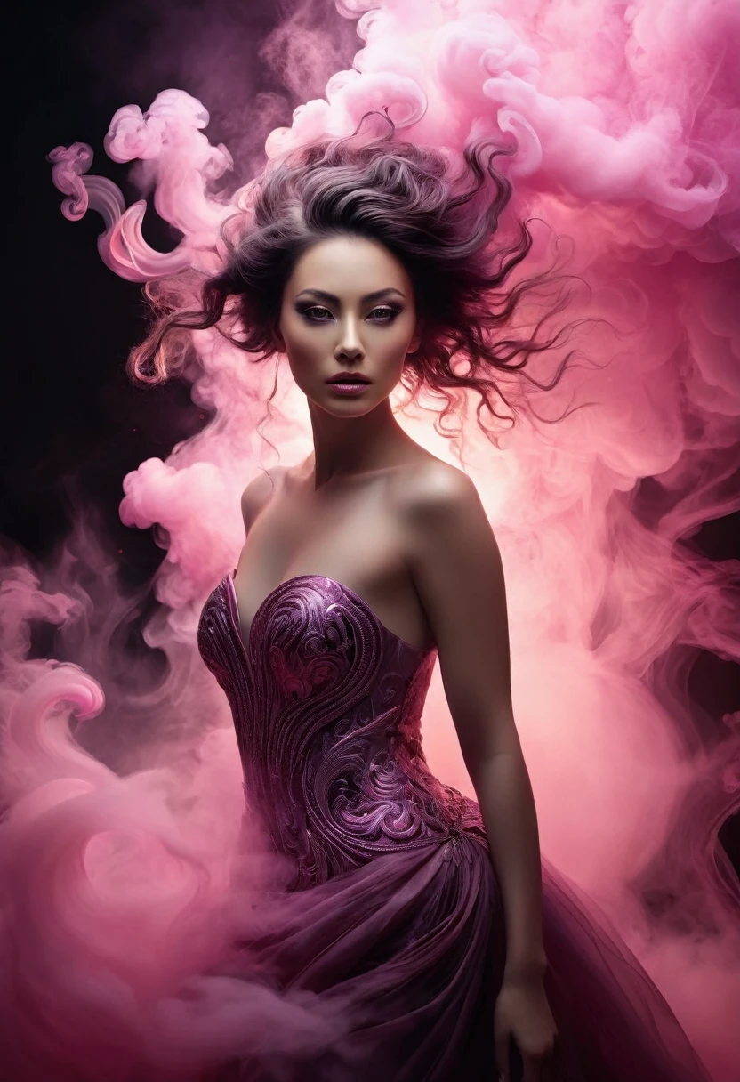 A majestic work of art, a  woman, intricately detailed, with an intense, piercing gaze emanating from her singular, striking eye, set against a backdrop of ethereal, swirling pink smoke that appears to shift and undulate as if alive, illuminated by a cinematic lighting scheme that casts dramatic, high-contrast shadows and highlights, evoking a sense of mystery and the otherworldly, with each element expertly rendered in exquisite, high-definition detail, exuding a sense of artistic mastery and visual sophistication.