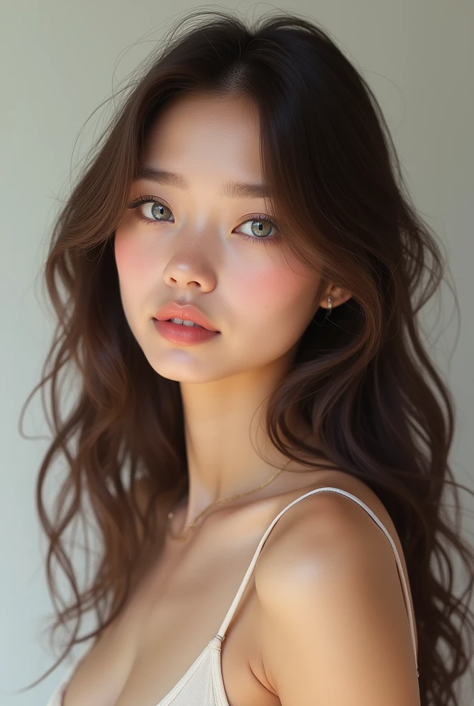Peux tu générer le visage d'une fille au cheveux bruns bouclés, avec un nez affiné. Des yeux en amande avec la paupière de couleur bleu très claire. La peau de couleur blanche mais légèrement bronzée. Relativement jeune, vers la vingtaine.
Pour le corps, c'est une personne qui mesure 1,60 mètres. Elle a des épaules plutôt fines et une corpulence plutôt légère. Un ventre légèrement gonflé et une taille légèrement plus large que les épaules, d'environ 120 à 124 centimètres. Les cuisses sont plutôt développées. Et la poitrine de 75 a 77 centimètres