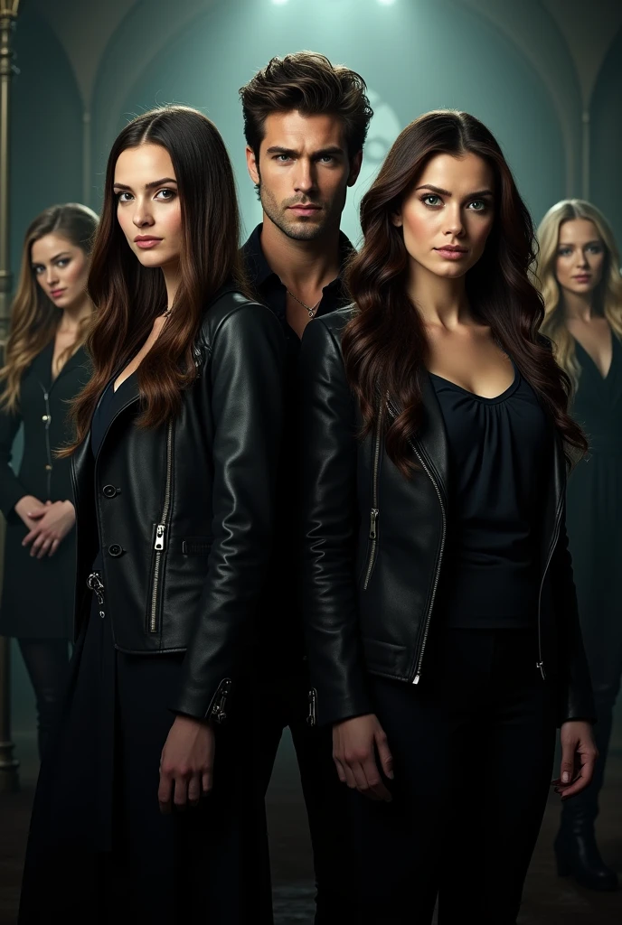 Un image pour la saison 9 de The Vampire Diaries avec en premier plan Elena Gilbert et Rebekah Miaekelson. Derrière Rebekah un homme métisse, au cheveux comme Yamine Lamal le footballeur espagnol, he has green eyes. Derrière Rebekah il y a Damon. Behind we can see Bonnie, Caroline and Klaus.