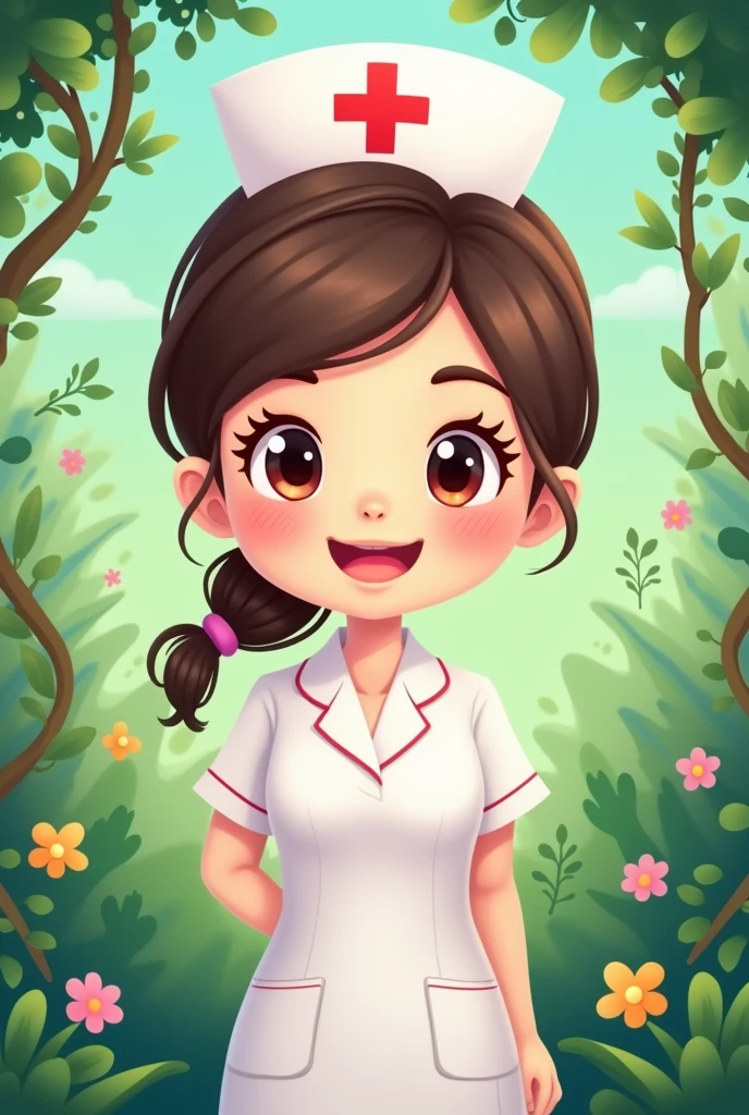 cute nurse,simple cartoon , profile pic , greenery background 