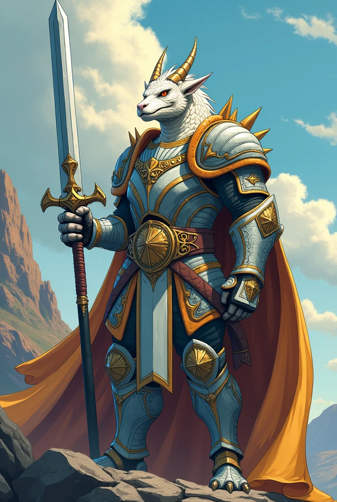 Create a draconato paladin from D&D with white scales and small, backward-curving horns. The dragonborn should have bright orange eyes and be wearing heavy armor with a detailed but stylized design. He wields a sword that is about half his height. The style should match Vox Machina from Critical Role, with clean, bold outlines, vibrant flat colors, and a dynamic, comic book look. Ensure the armor and sword are proportionate and reflect the heroic and majestic design typical of modern D&D art. The overall appearance should be dramatic and impactful, capturing the essence of a powerful paladin.