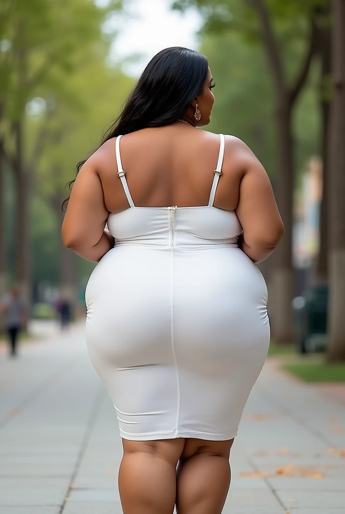 araffe woman in a white dress standing on the sidewalk, curvy accentuated booty, Thick, attractive plus size model, beautiful thick female, curvy model, plus size woman, view facing the front, looking straight ahead, shot facing the front, clear curved details, back - shot, big serve, facing the front