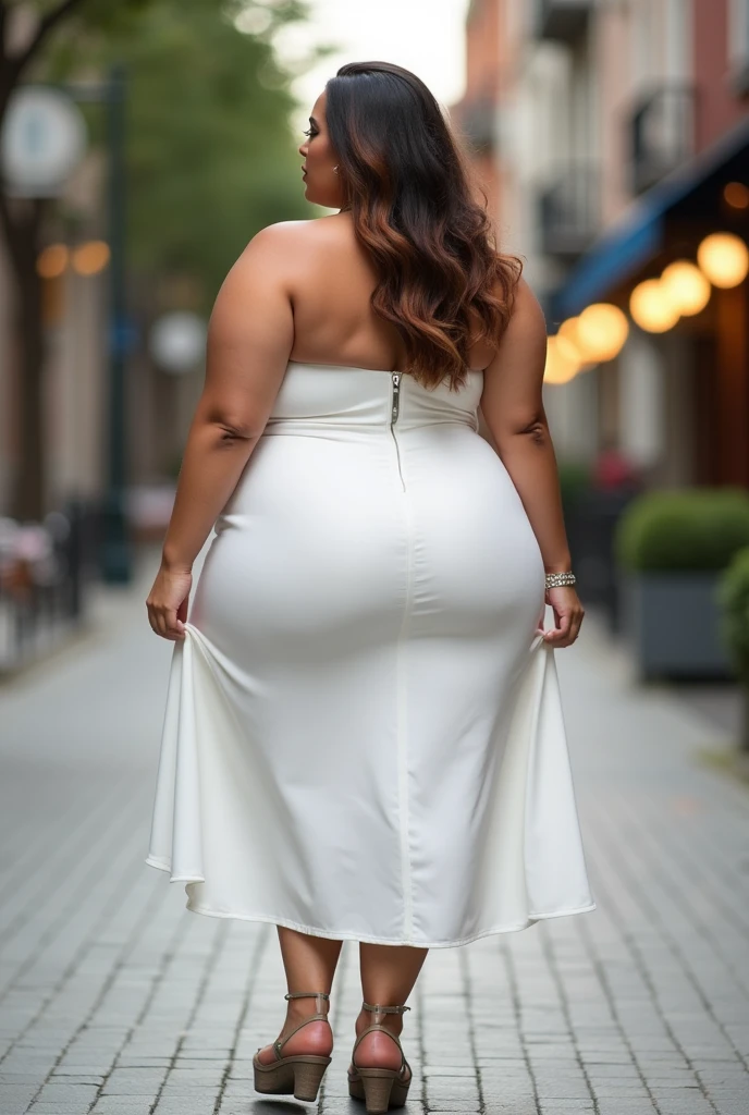 araffe woman in a white dress standing on the sidewalk, curvy accentuated booty, Thick, attractive plus size model, beautiful thick female, curvy model, plus size woman, view facing the front, looking straight ahead, shot facing the front, clear curved details, back - shot, big serve, facing the front