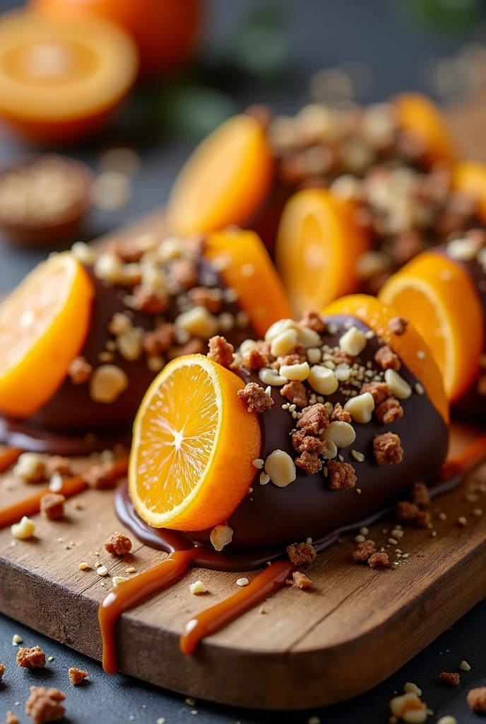 orange slices half covered with chocolate, nuts, caramel, on wooden board