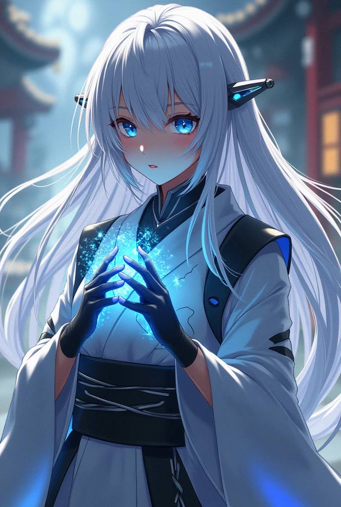 Anime young Long​ white hair knight  helmet with kimono and electric gloves 