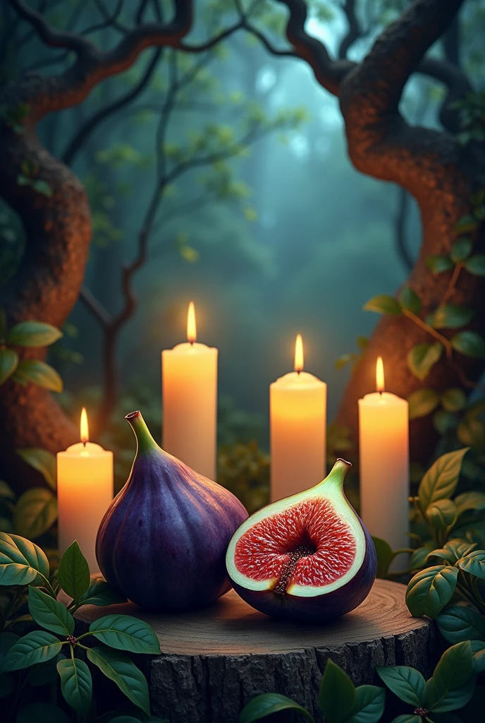 One Black fig and one half fig, in magick forest, seven witchcraft candles