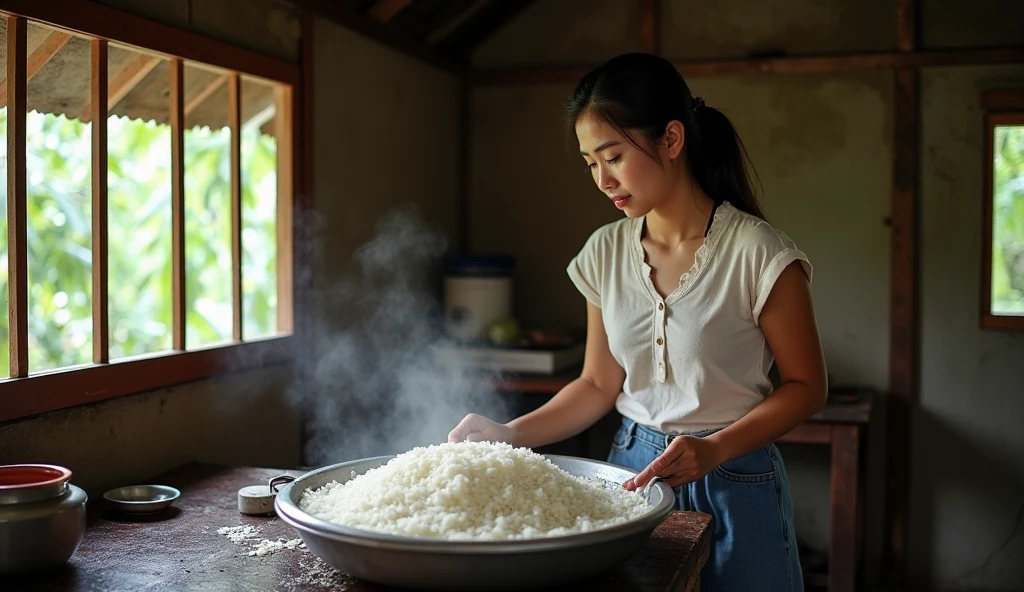  A young woman cooks rice using a traditional method in an old Thai-style house.