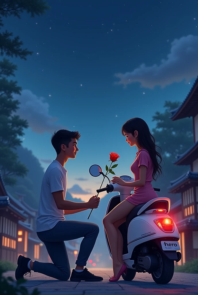 A boy, proposing a girl with knee down ,red rose , the girl is sitting in a hero company scooty, mention the boy name is DEV which is written in his tshirt. Scenary , midnight sky , far japanese village is seeing, 