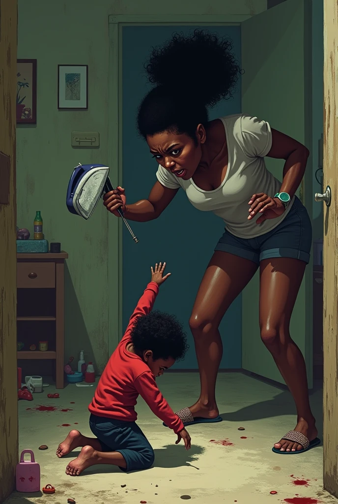 Une mère noir qui brutalise le neuveux noir de 8 ans de son mari avec un fer à repasser, qui lui pert connaissance. 